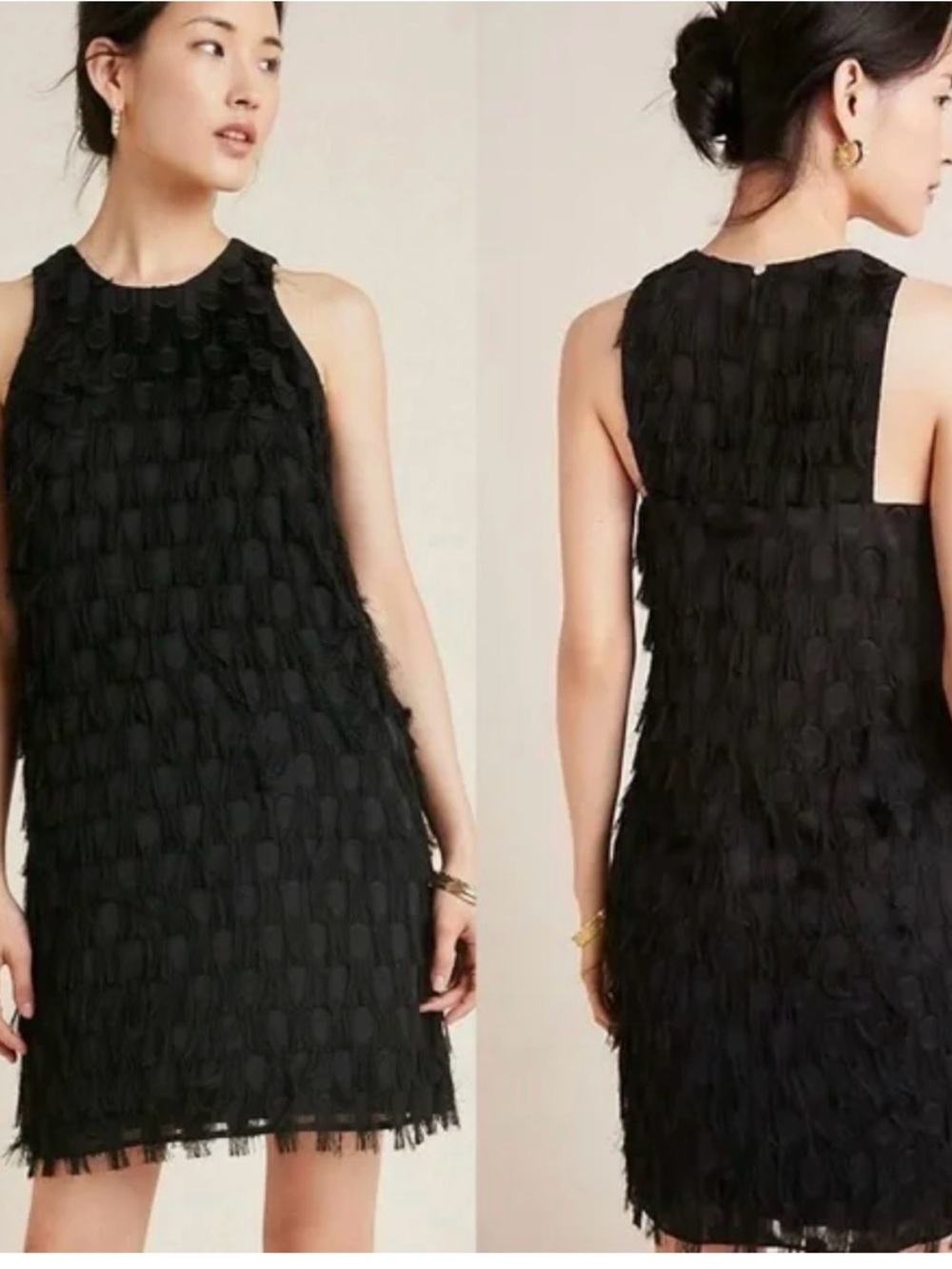 Anthropologie Roxie Textured Black Dot Feather Fringe Shift Dress 10